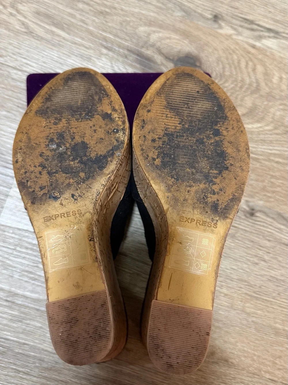 Express Black Suede Cork Platform Wedges